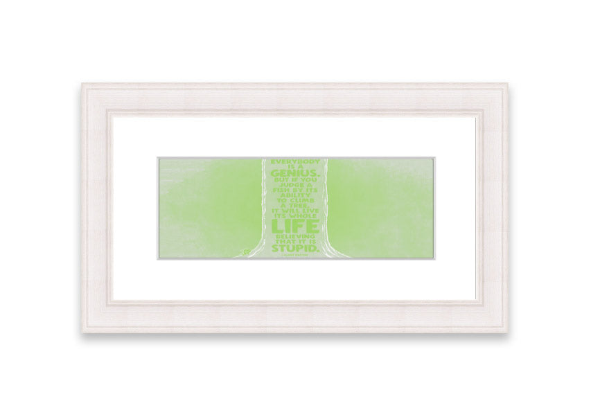 Framed print of Albert Einstein's quote 'Everybody Is A Genius' in vibrant lime green, ready to hang.