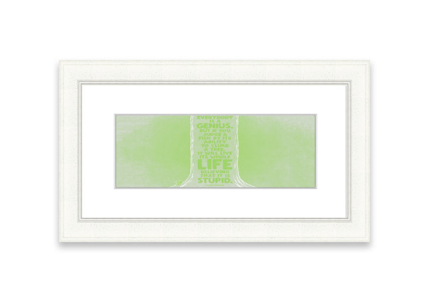 Framed print of Albert Einstein's quote 'Everybody Is A Genius' in vibrant lime green, ready to hang.