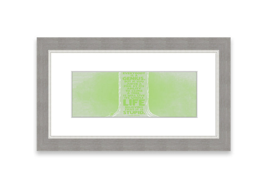 Framed print of Albert Einstein's quote 'Everybody Is A Genius' in vibrant lime green, ready to hang.