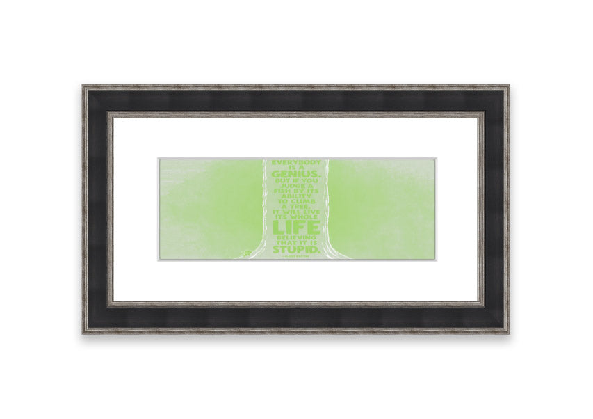 Framed print of Albert Einstein's quote 'Everybody Is A Genius' in vibrant lime green, ready to hang.