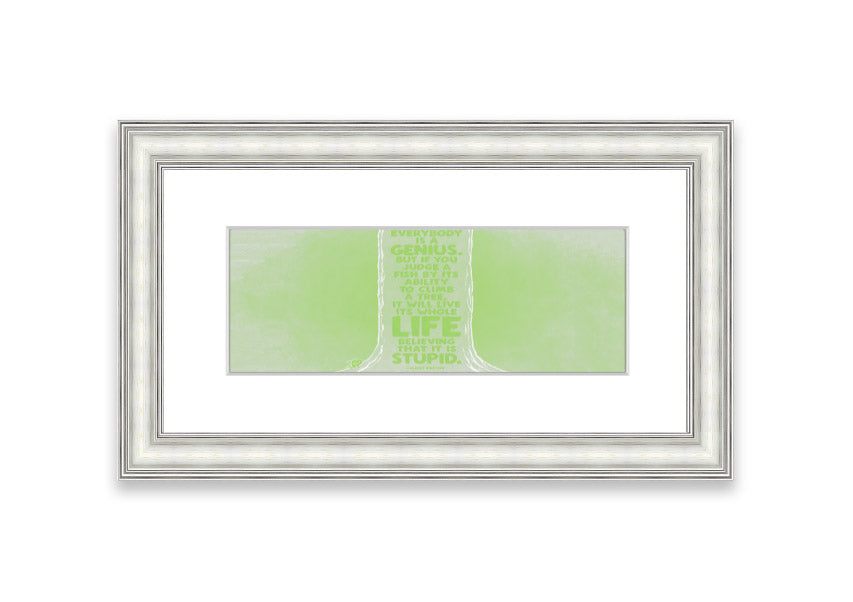 Framed print of Albert Einstein's quote 'Everybody Is A Genius' in vibrant lime green, ready to hang.