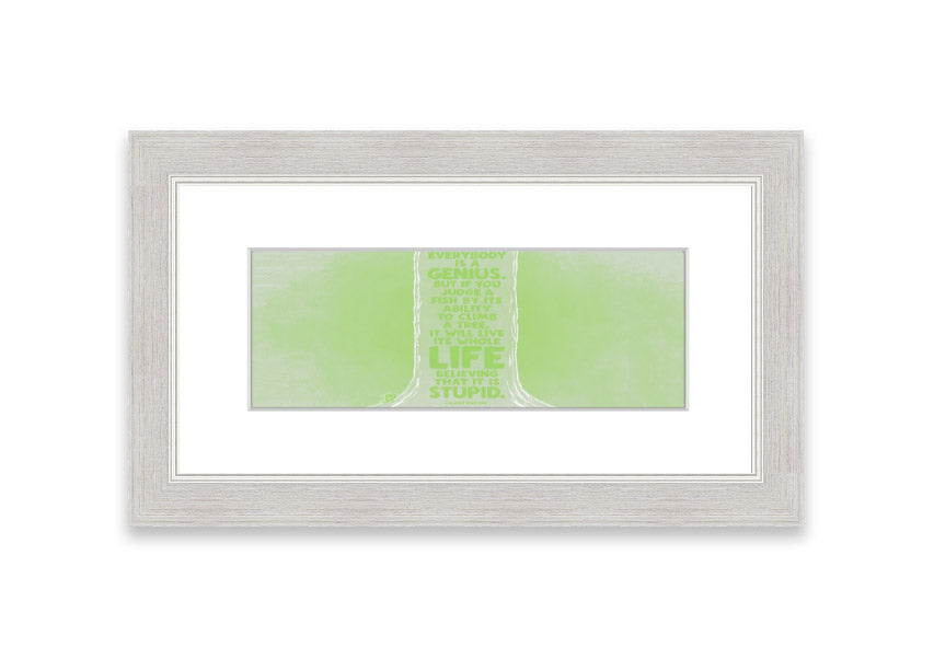 Framed print of Albert Einstein's quote 'Everybody Is A Genius' in vibrant lime green, ready to hang.