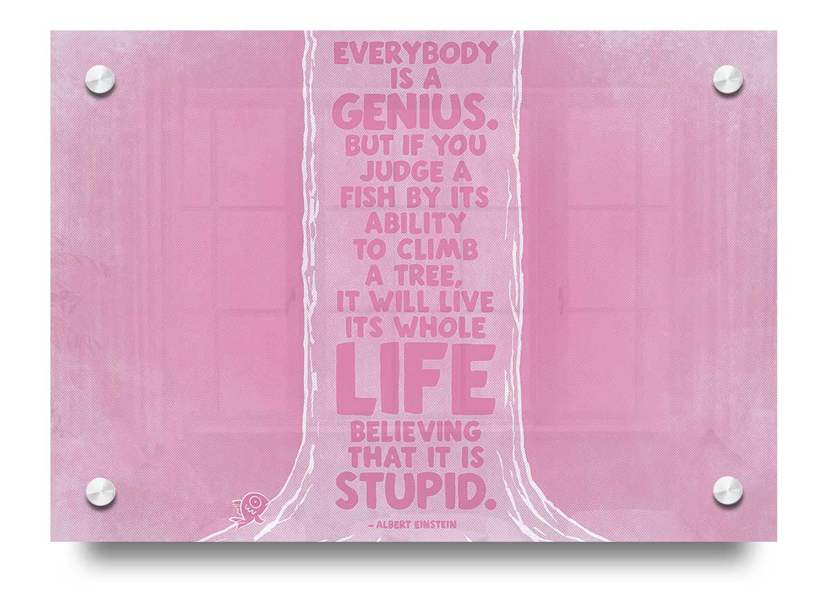 Albert Einstein Everybody Is A Genius Pink acrylic print on a wall, featuring a vibrant pink background and inspirational quote.