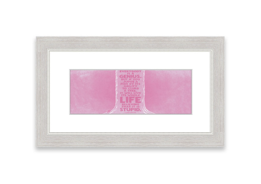 Framed print of Albert Einstein with the quote 'Everybody Is A Genius' on a pink background, ready to hang.