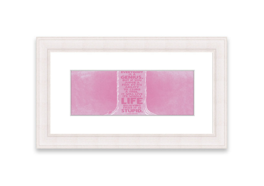 Framed print of Albert Einstein with the quote 'Everybody Is A Genius' on a pink background, ready to hang.