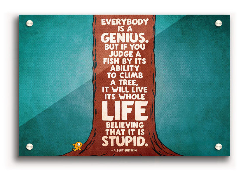 Acrylic print featuring Albert Einstein's quote 'Everybody Is A Genius' on a vibrant background, showcasing its modern design.