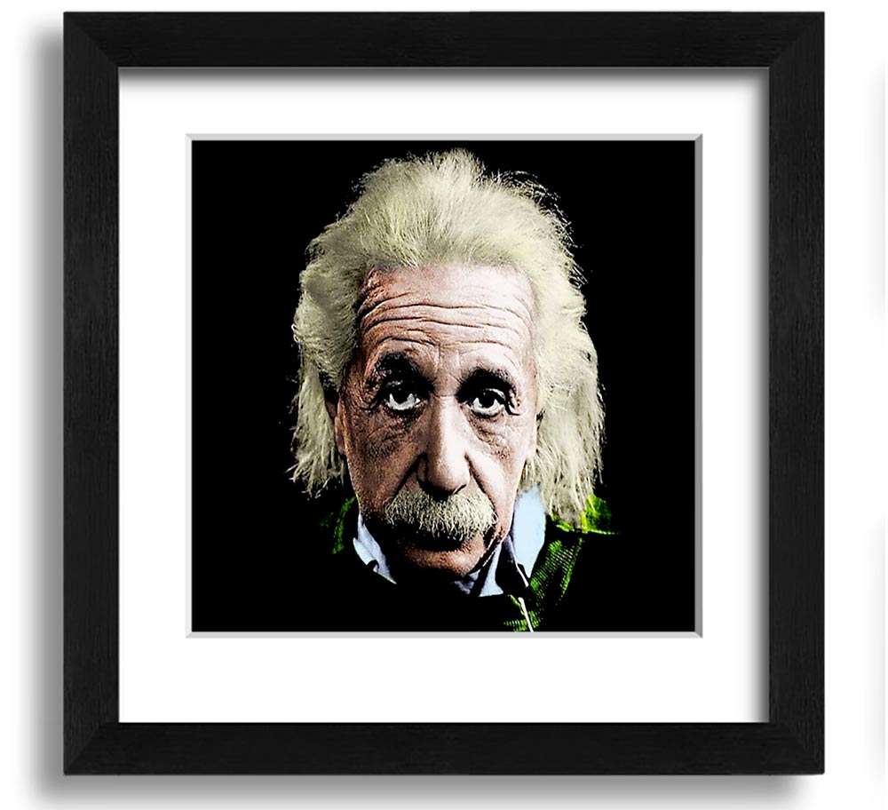 Square framed print of Albert Einstein in retro colours, showcasing vibrant hues and a unique design.