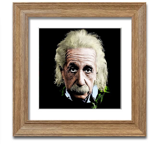 Square framed print of Albert Einstein in retro colours, showcasing vibrant hues and a unique design.