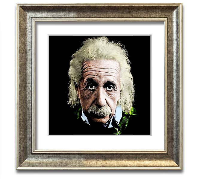 Square framed print of Albert Einstein in retro colours, showcasing vibrant hues and a unique design.