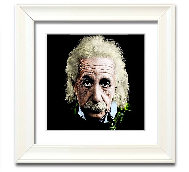 Square framed print of Albert Einstein in retro colours, showcasing vibrant hues and a unique design.