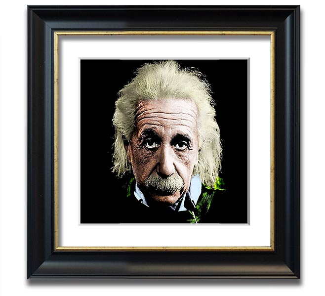 Square framed print of Albert Einstein in retro colours, showcasing vibrant hues and a unique design.