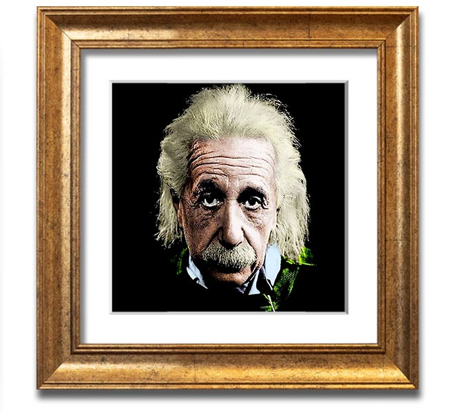 Square framed print of Albert Einstein in retro colours, showcasing vibrant hues and a unique design.