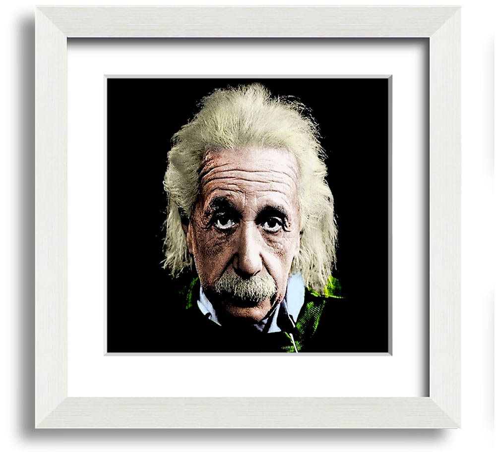 Square framed print of Albert Einstein in retro colours, showcasing vibrant hues and a unique design.