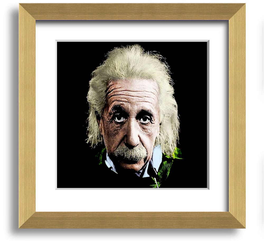 Square framed print of Albert Einstein in retro colours, showcasing vibrant hues and a unique design.