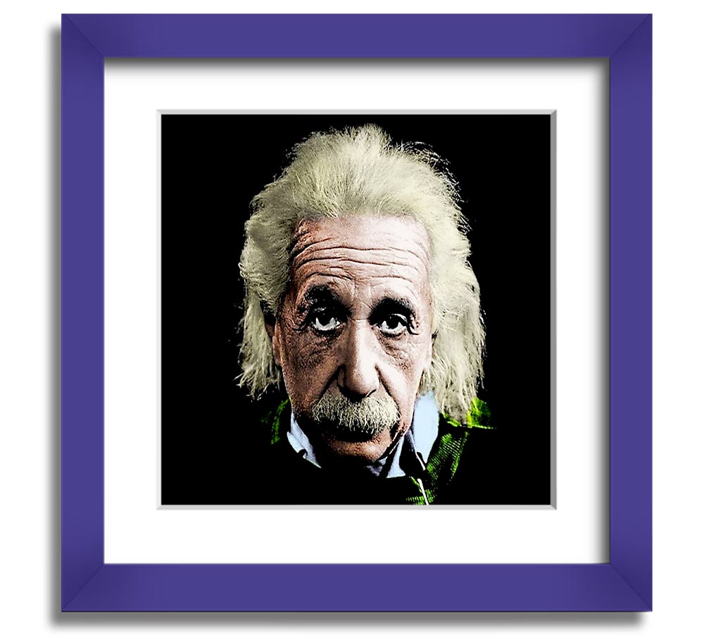 Square framed print of Albert Einstein in retro colours, showcasing vibrant hues and a unique design.