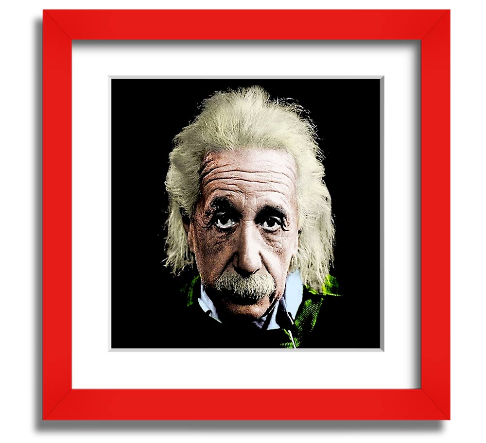 Square framed print of Albert Einstein in retro colours, showcasing vibrant hues and a unique design.