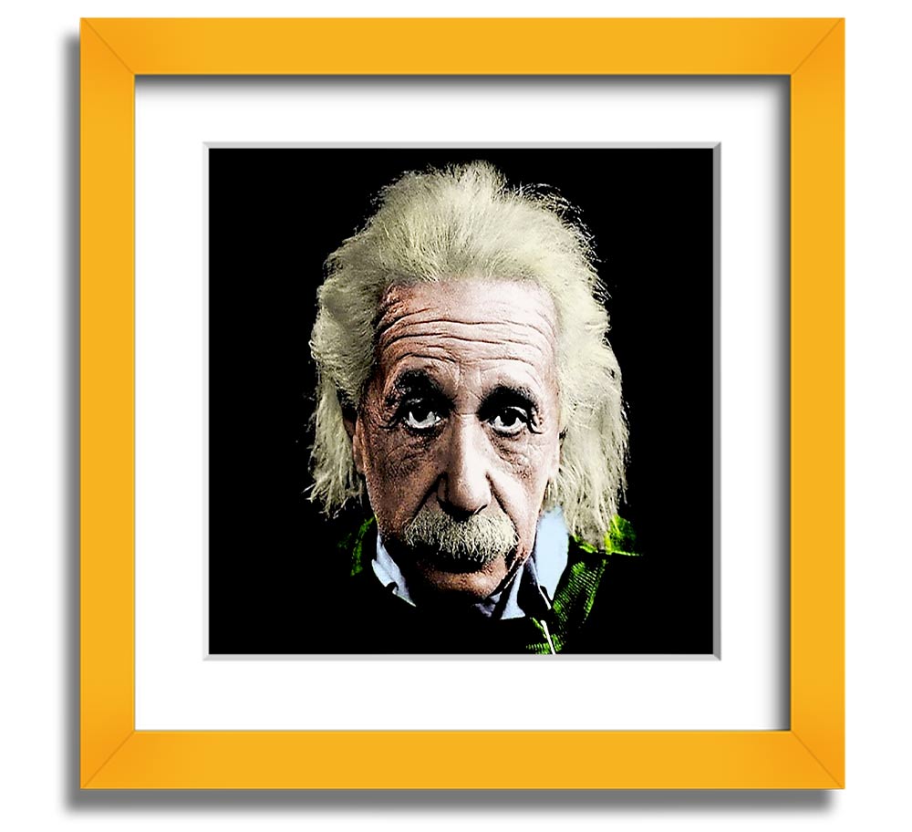 Square framed print of Albert Einstein in retro colours, showcasing vibrant hues and a unique design.