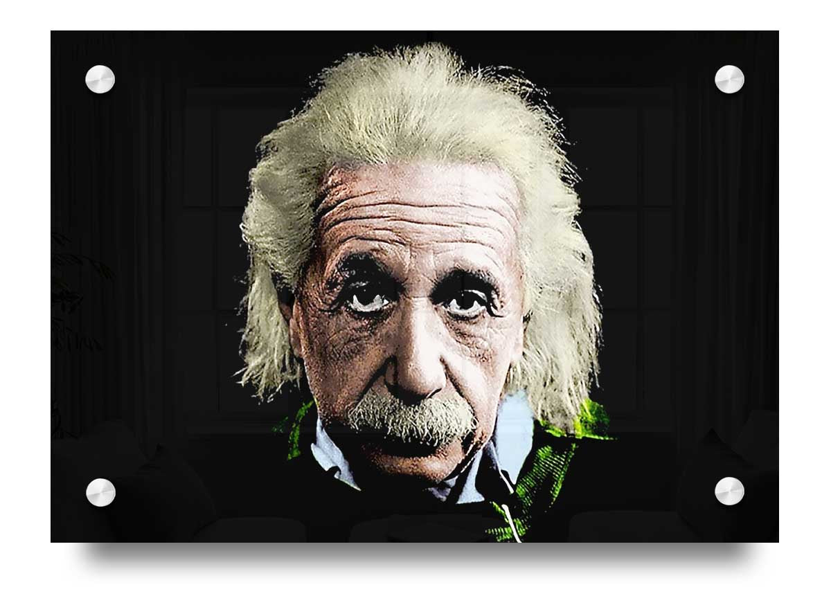 Acrylic print of Albert Einstein in retro colours, showcasing vibrant hues and modern design.