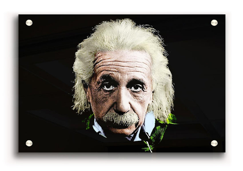 Acrylic print of Albert Einstein in retro colours, showcasing vibrant hues and modern design.