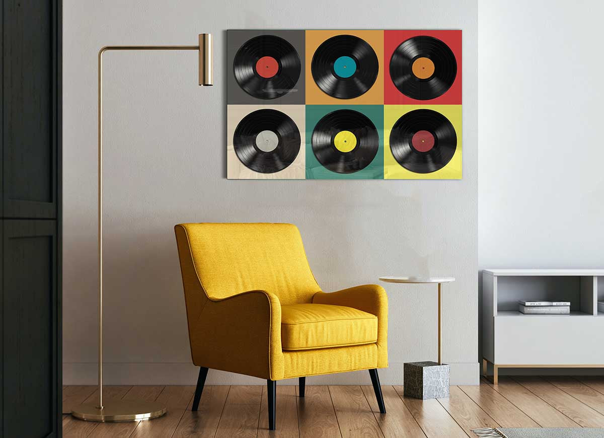 Album Madness glass print featuring modern art design with vibrant colors, perfect for home decor.