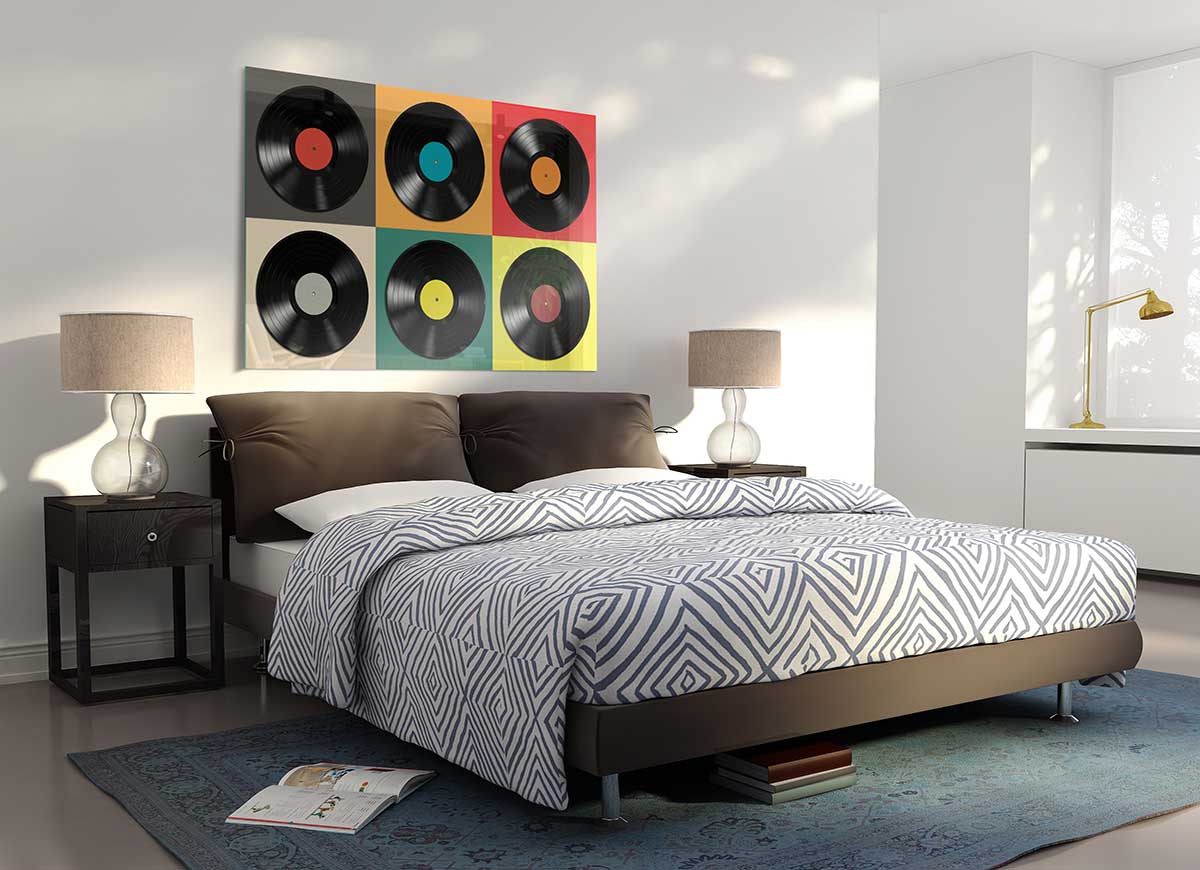 Album Madness glass print featuring modern art design with vibrant colors, perfect for home decor.