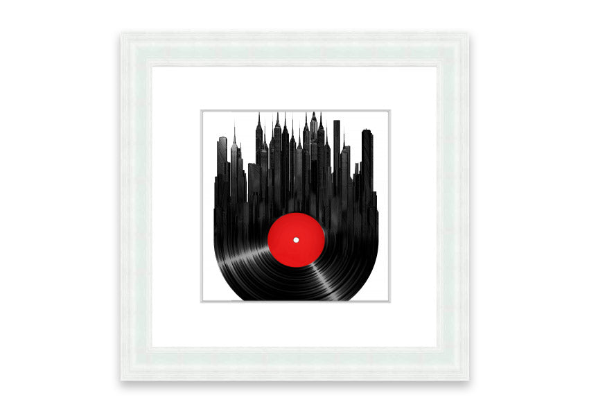 Album Music City framed print showcasing vibrant colors and music-themed design, available in various frame colors.