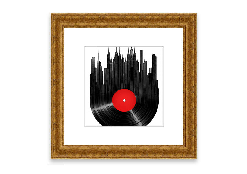 Album Music City framed print showcasing vibrant colors and music-themed design, available in various frame colors.