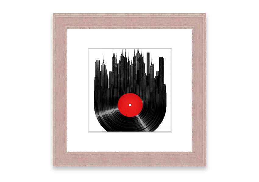 Album Music City framed print showcasing vibrant colors and music-themed design, available in various frame colors.