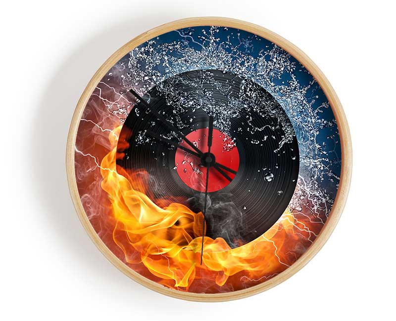 Albumn On Fire clock made from natural bamboo with a round face, available in black, white, and natural frame colors.