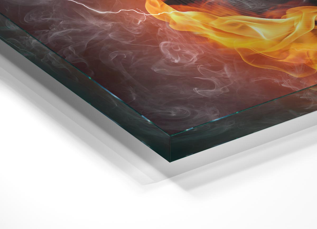 Albumn On Fire glass print showcasing vibrant colors and modern design, perfect for home decor.