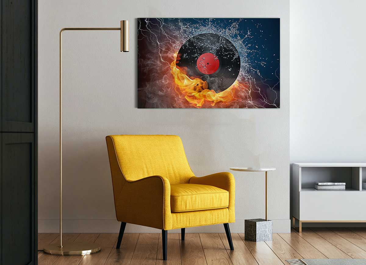 Albumn On Fire glass print showcasing vibrant colors and modern design, perfect for home decor.