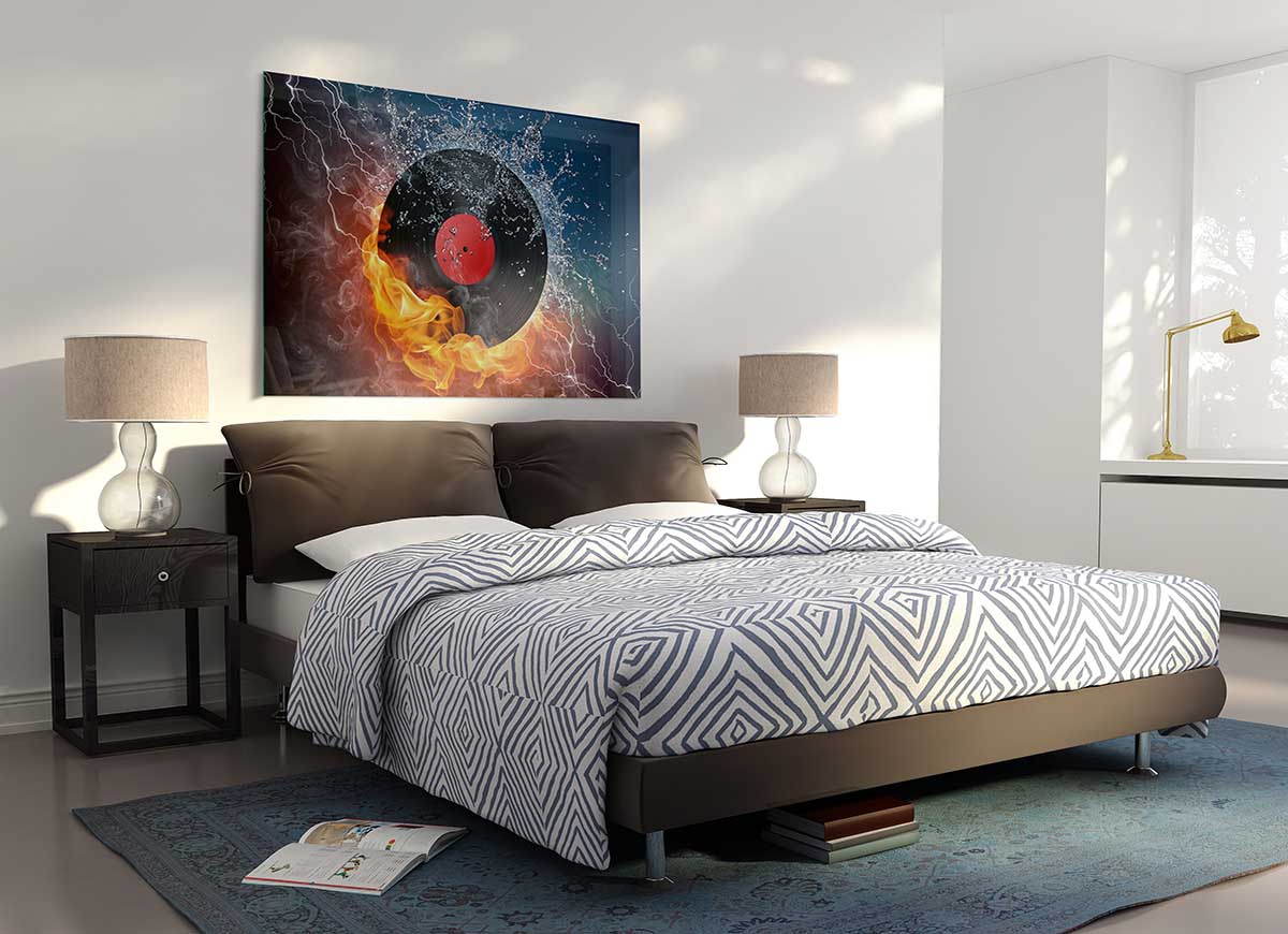 Albumn On Fire glass print showcasing vibrant colors and modern design, perfect for home decor.