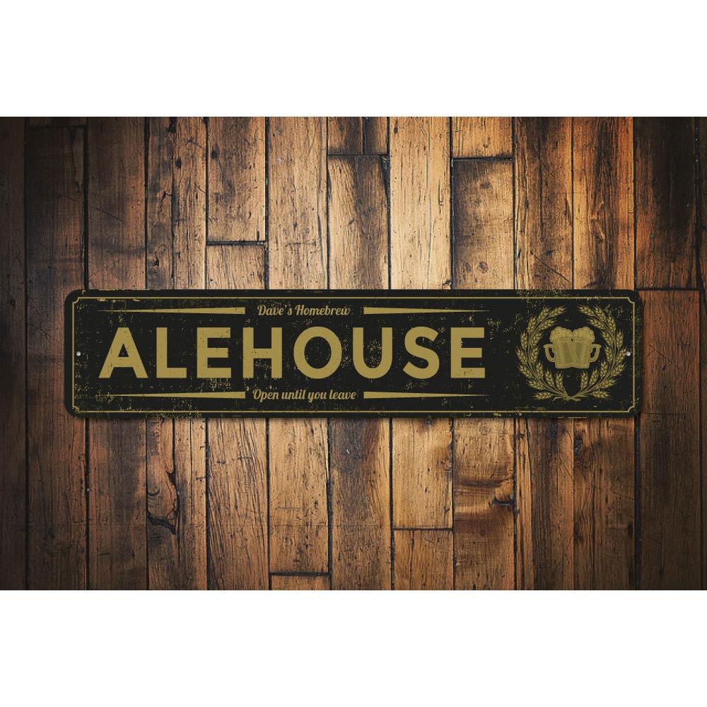 Customizable Alehouse Sign made from high-quality aluminum, featuring pre-drilled holes for easy mounting.