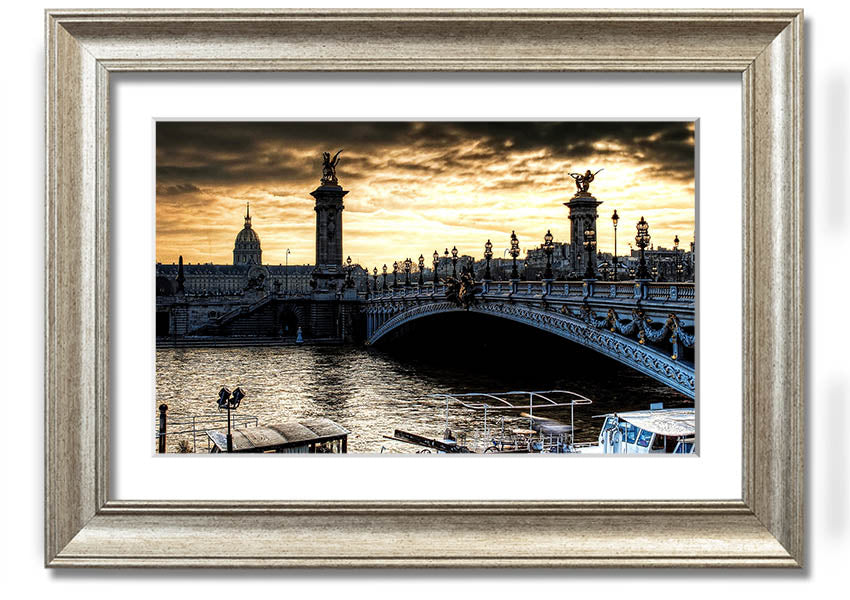 Framed print of Alexander Bridge in Paris, showcasing intricate details and vibrant colors, ready to hang.