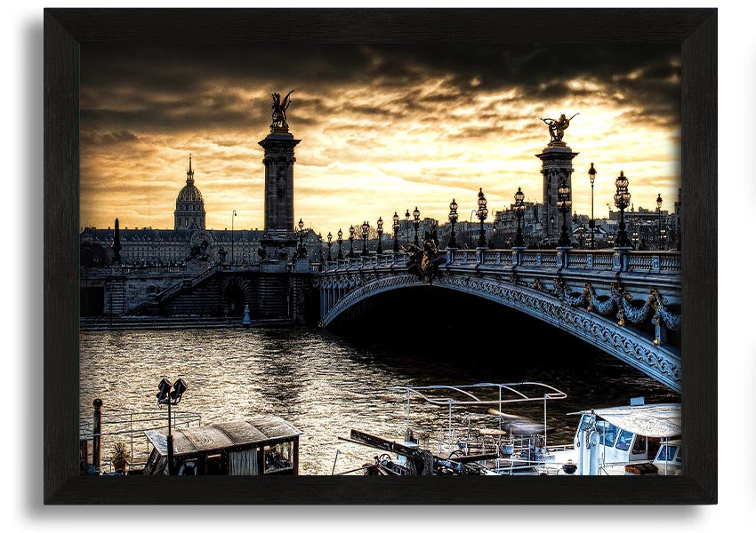 Framed print of Alexander Bridge in Paris, showcasing intricate details and vibrant colors, ready to hang.