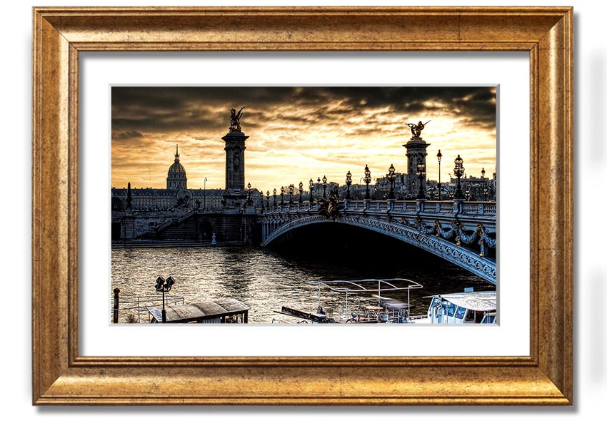 Framed print of Alexander Bridge in Paris, showcasing intricate details and vibrant colors, ready to hang.