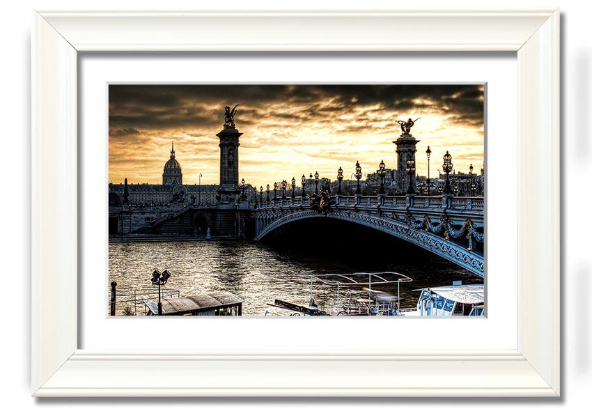 Framed print of Alexander Bridge in Paris, showcasing intricate details and vibrant colors, ready to hang.