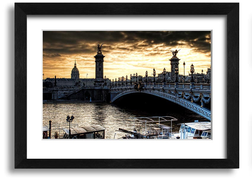 Framed print of Alexander Bridge in Paris, showcasing intricate details and vibrant colors, ready to hang.