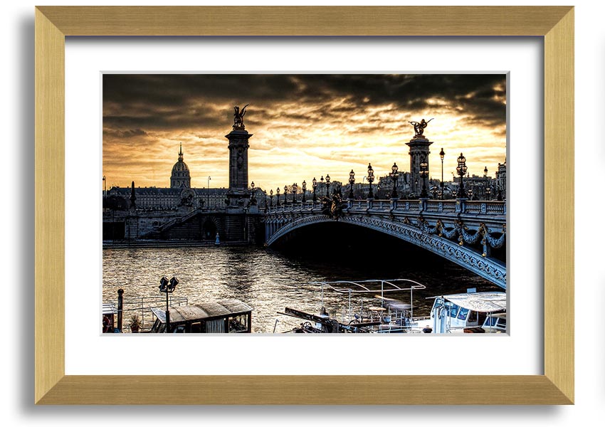 Framed print of Alexander Bridge in Paris, showcasing intricate details and vibrant colors, ready to hang.