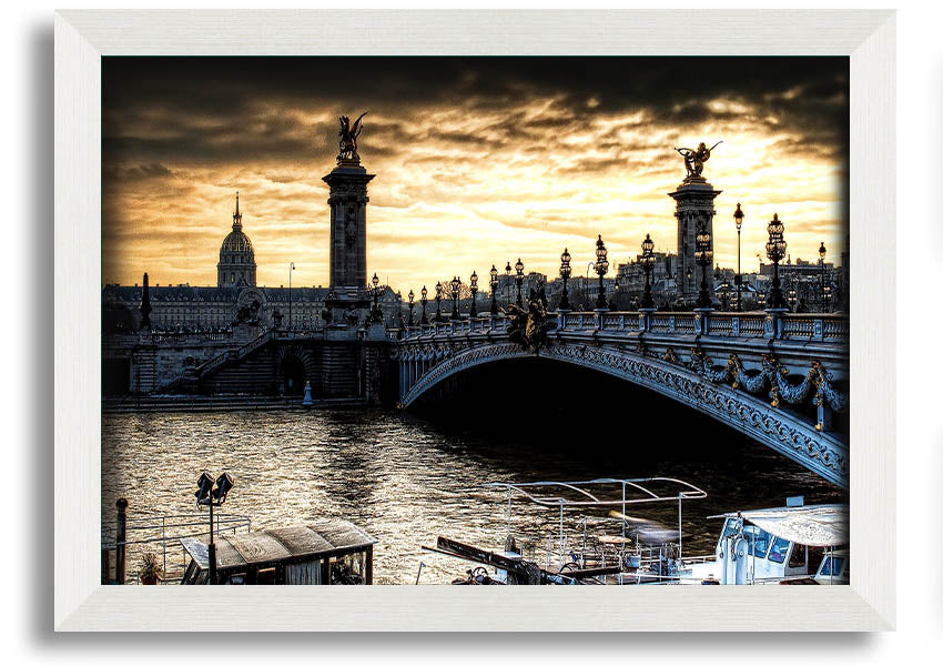 Framed print of Alexander Bridge in Paris, showcasing intricate details and vibrant colors, ready to hang.