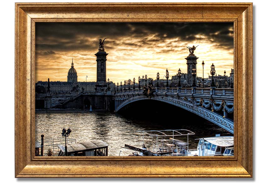 Framed print of Alexander Bridge in Paris, showcasing intricate details and vibrant colors, ready to hang.