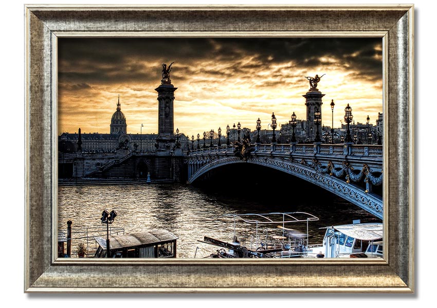 Framed print of Alexander Bridge in Paris, showcasing intricate details and vibrant colors, ready to hang.