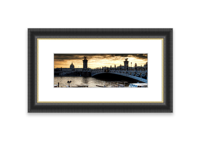 Framed print of Alexander Bridge in Paris, showcasing intricate details and vibrant colors, available in various frame colors.