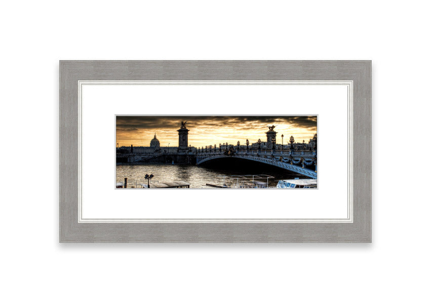 Framed print of Alexander Bridge in Paris, showcasing intricate details and vibrant colors, available in various frame colors.