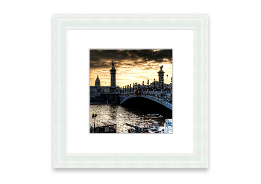 Framed print of Alexander Bridge in Paris, showcasing intricate details and vibrant colors, available in various frame colors.