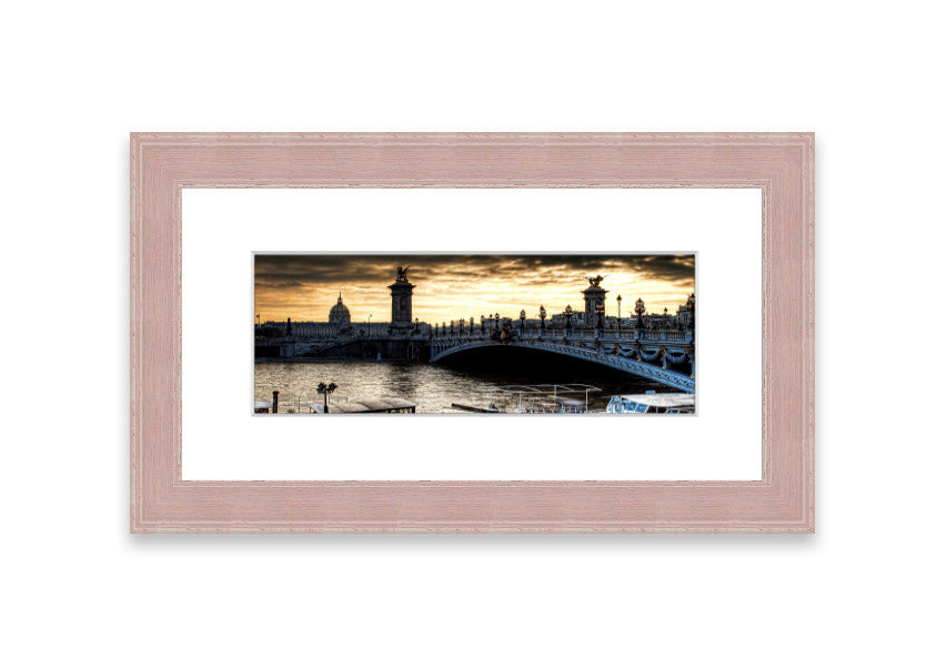 Framed print of Alexander Bridge in Paris, showcasing intricate details and vibrant colors, available in various frame colors.