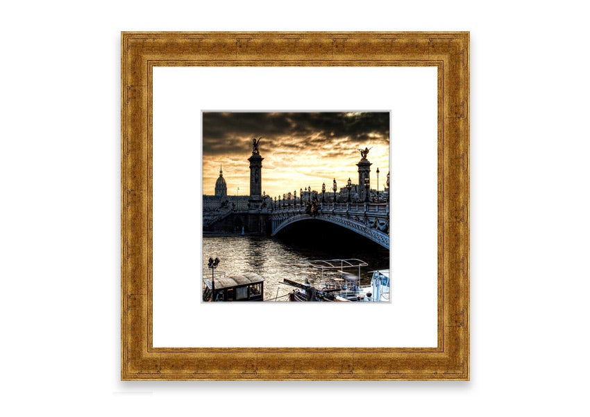 Framed print of Alexander Bridge in Paris, showcasing intricate details and vibrant colors, available in various frame colors.