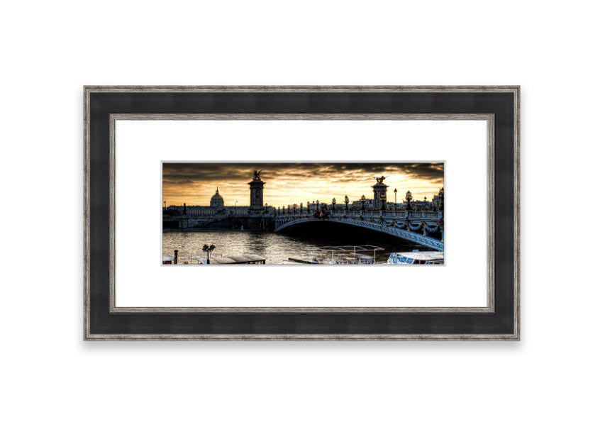 Framed print of Alexander Bridge in Paris, showcasing intricate details and vibrant colors, available in various frame colors.