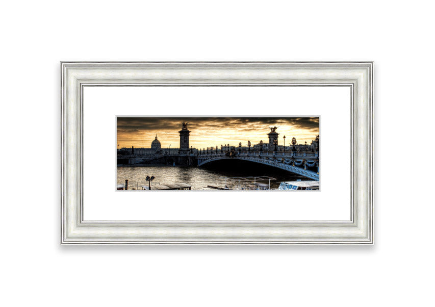 Framed print of Alexander Bridge in Paris, showcasing intricate details and vibrant colors, available in various frame colors.