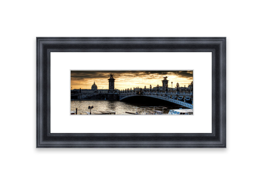 Framed print of Alexander Bridge in Paris, showcasing intricate details and vibrant colors, available in various frame colors.